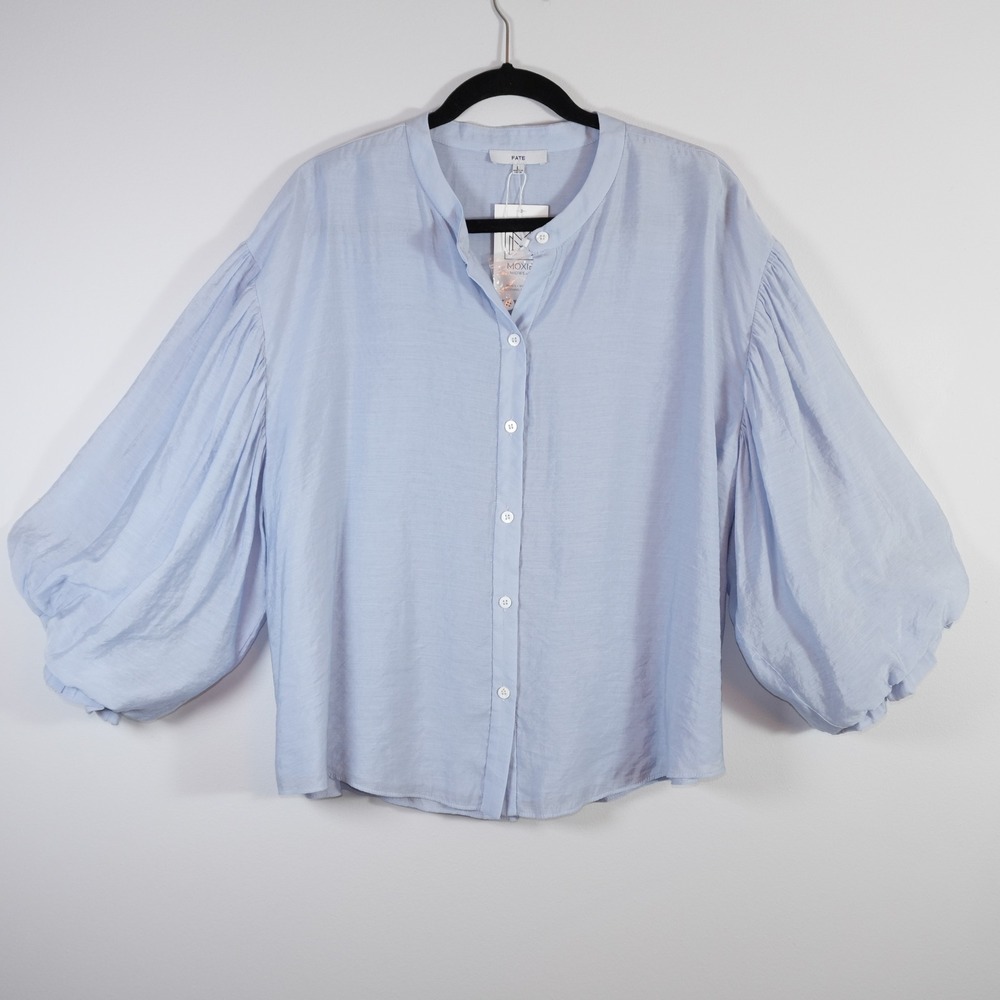 NWT Fate Blue Balloon Sleeve Blouse Band Collar Boho Indie Peasant Top L